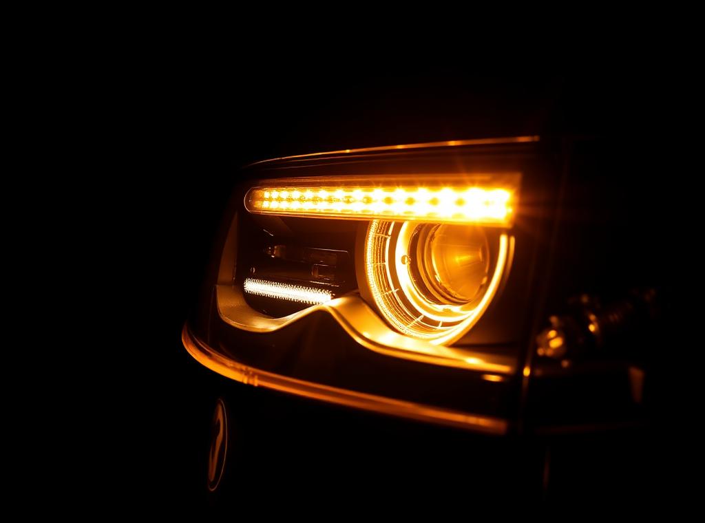 Automotive headlight assembly with an amber LED strip glowing in the dark