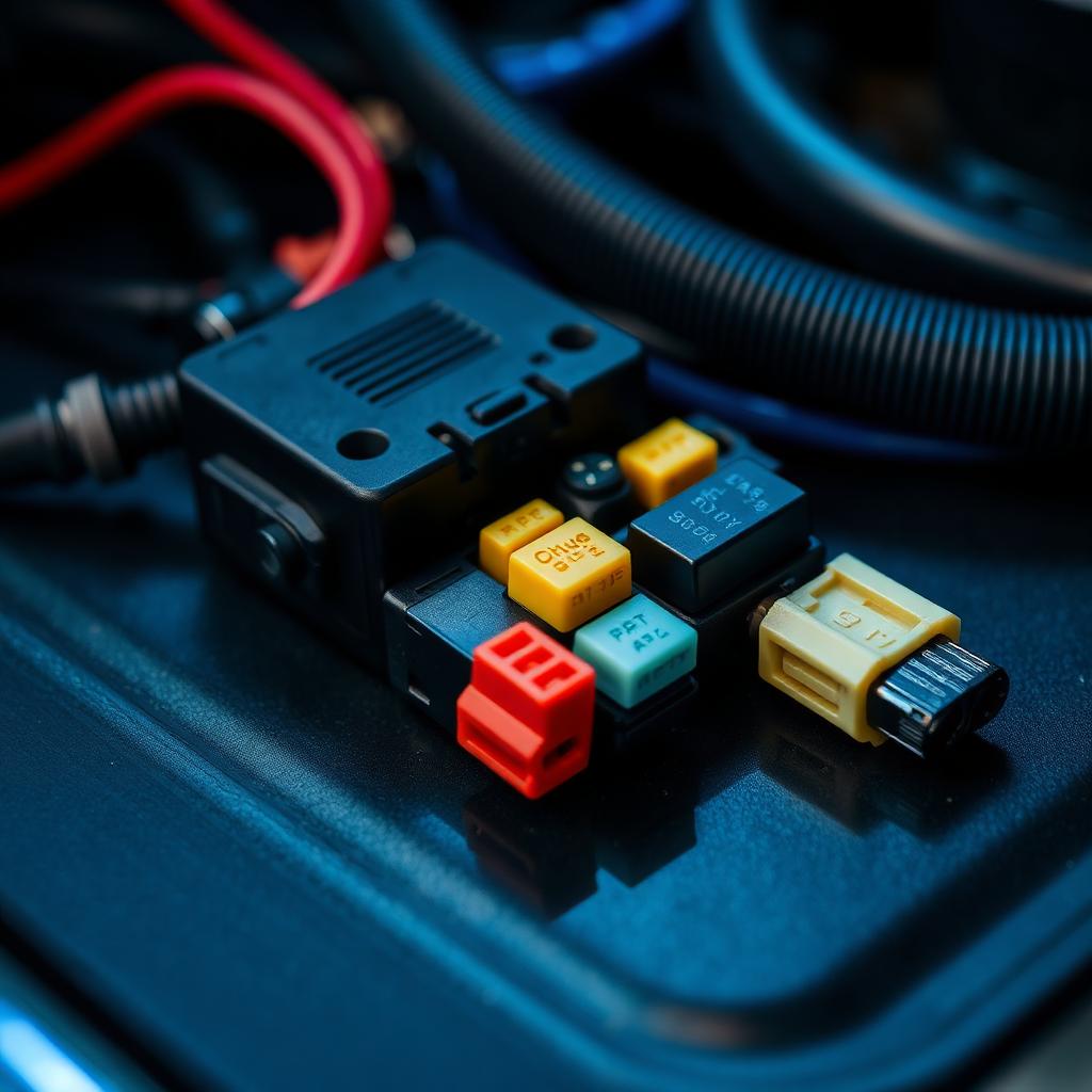 Automotive fuse box with coloured fuses and a wiring harness