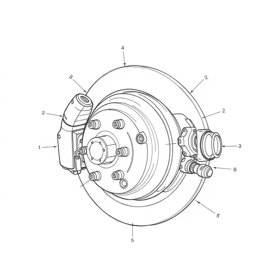 Technical line drawing of an exploded wheel hub and brake rotor assembly