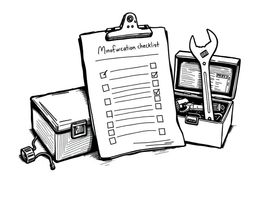 Ink sketch of a clipboard checklist beside a parts box and a wrench