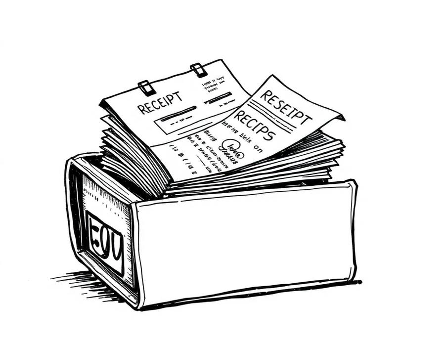 Ink sketch of receipts clipped into a filing box